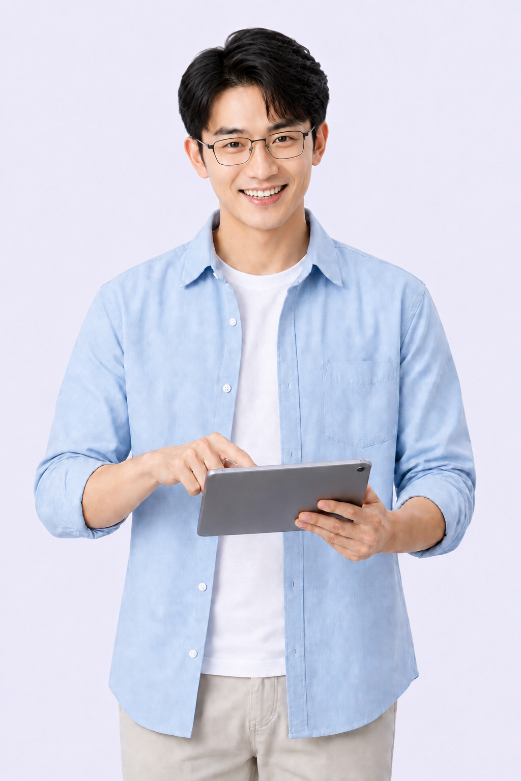 年轻经营者手持平板，面向镜头露出明亮自信的笑容
